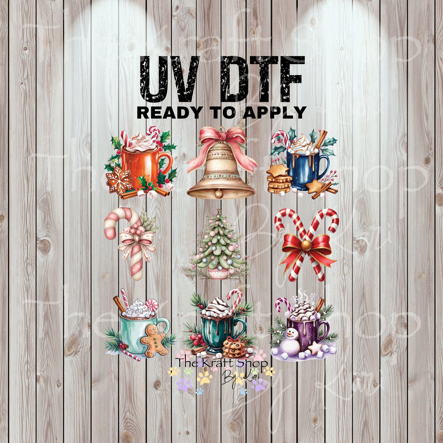 UV DTF Sticker print Christmas mugs and candy cane Element sheet 8x8 decal, tumbler decal, permanent sticker. #7438