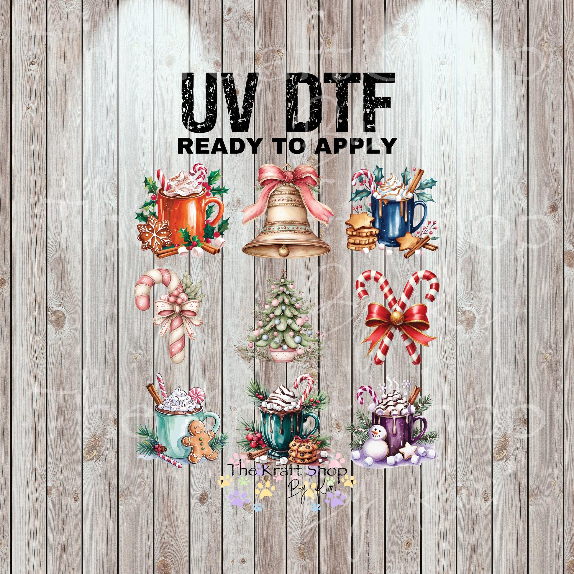 UV DTF Sticker print Christmas mugs and candy cane Element sheet 8x8 decal, tumbler decal, permanent sticker. #7438