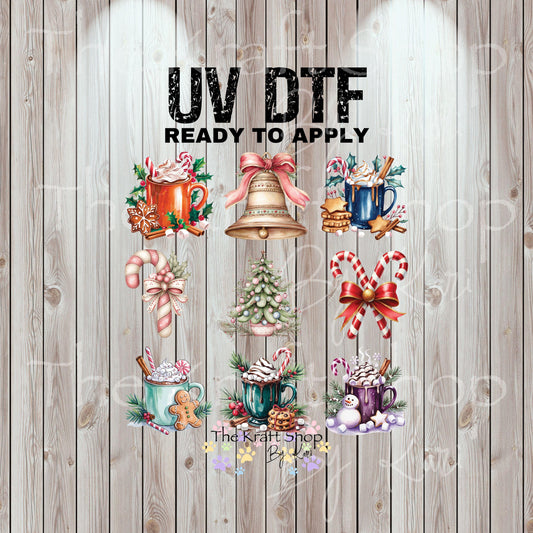 UV DTF Sticker print Christmas mugs and candy cane Element sheet 8x8 decal, tumbler decal, permanent sticker. #7438