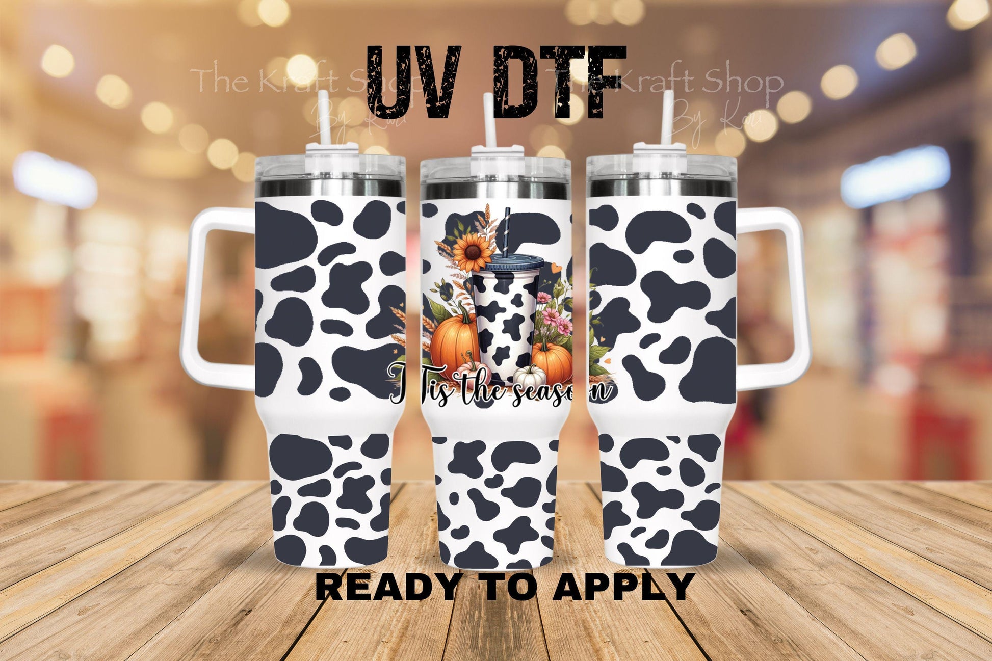 UV DTF 40 oz ready to apply Tis the Season pumpkins and cow spot. Permanent sticker. UV wrap quencher #3172