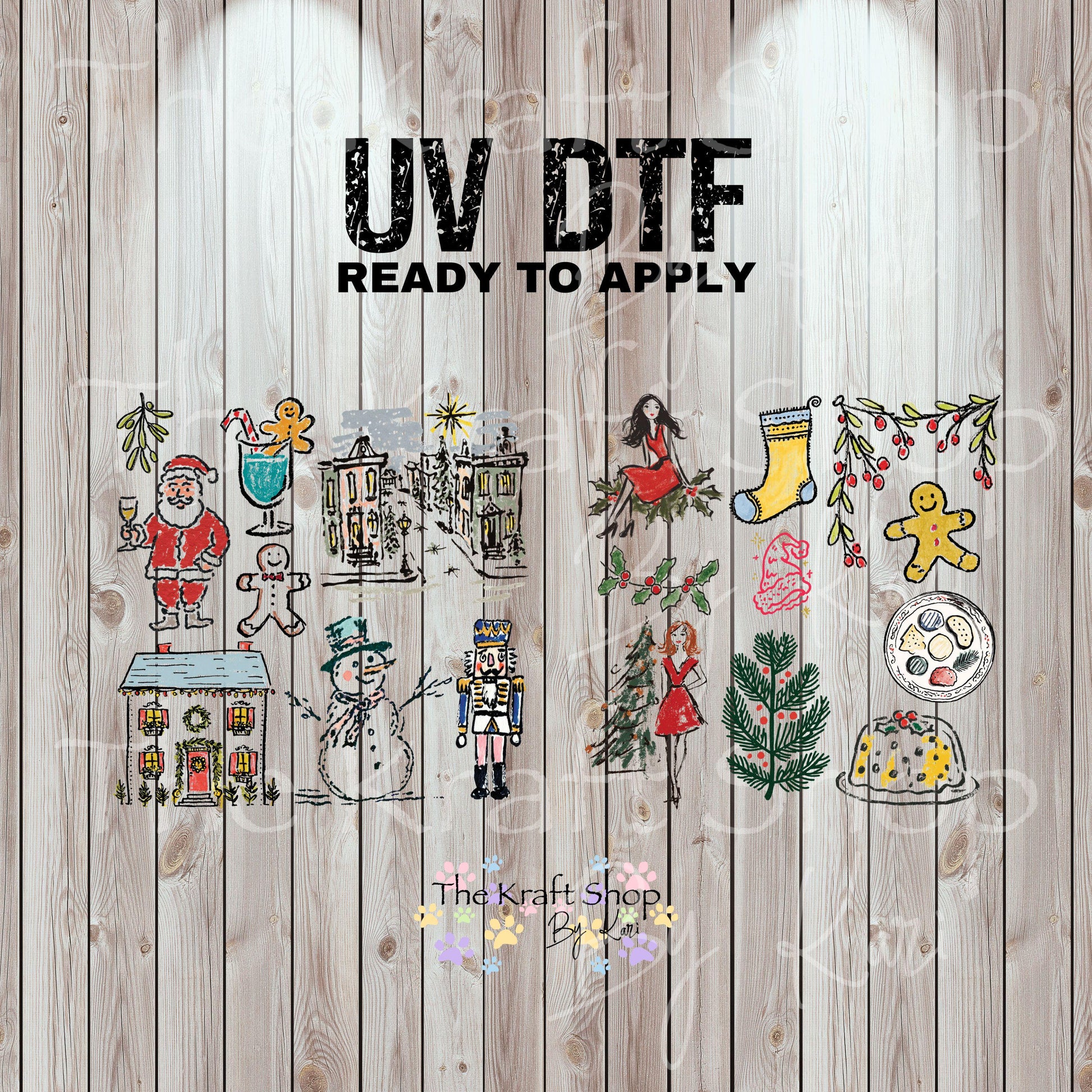 UV DTF Sticker print Christmas doodle style Element sheet 8x8 decal #7441