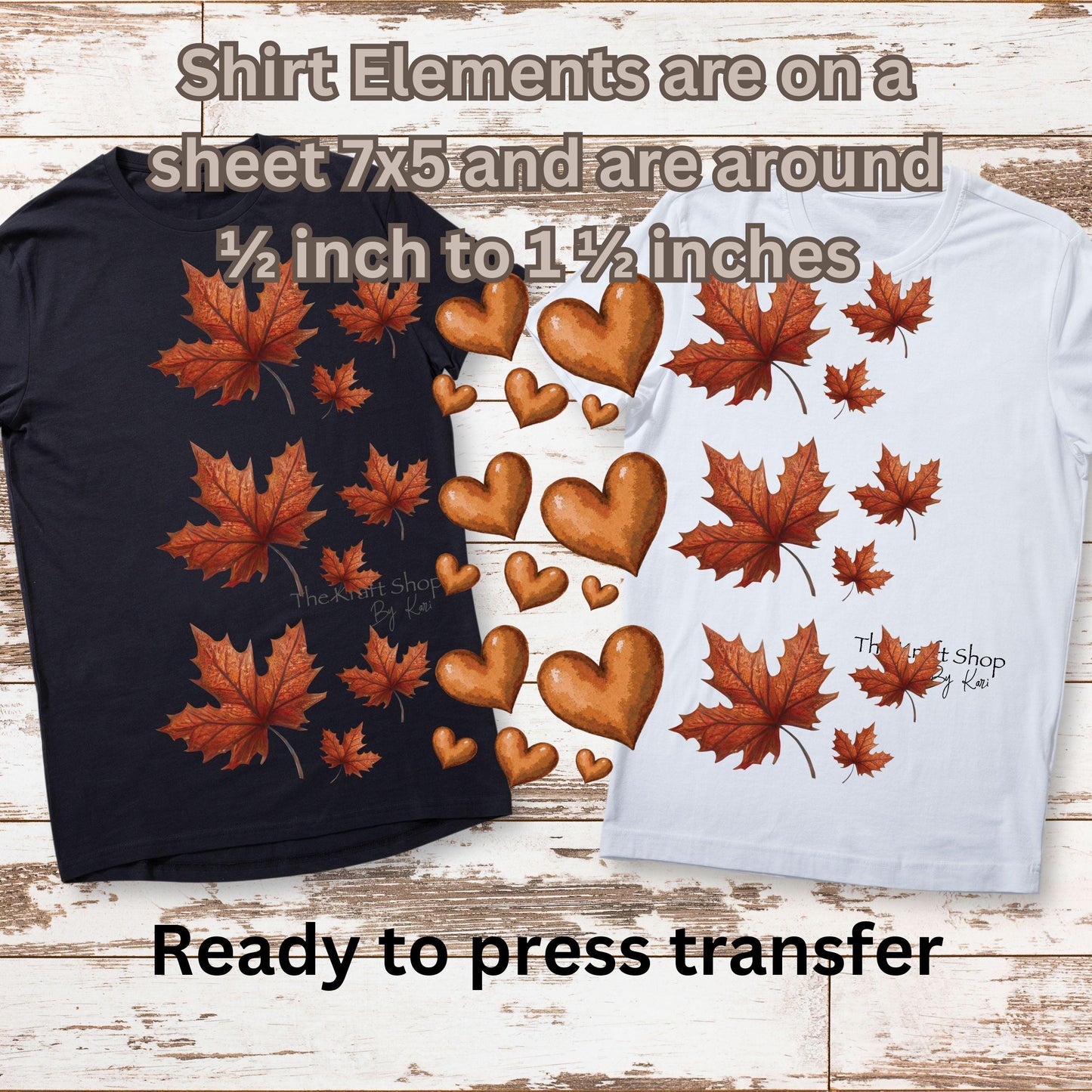 DTF ready to press transfer. Leaves Element Sheet of Fall leaves and hearts #11539