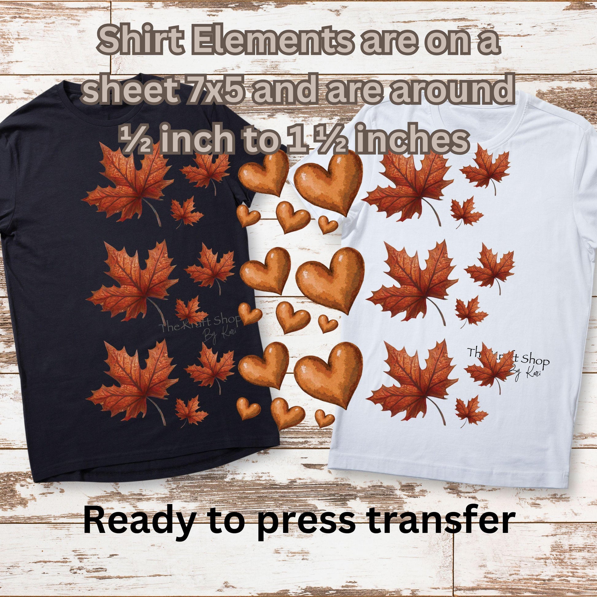 DTF ready to press transfer. Leaves Element Sheet of Fall leaves and hearts #11539