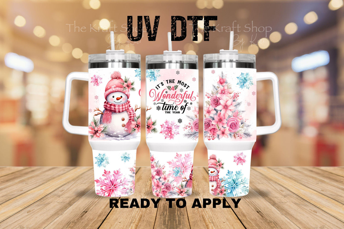 UV DTF 40 oz ready to apply It's the most wonderful time of the year pink snowman Christmas wrap with mint candy UV wrap quencher #3175