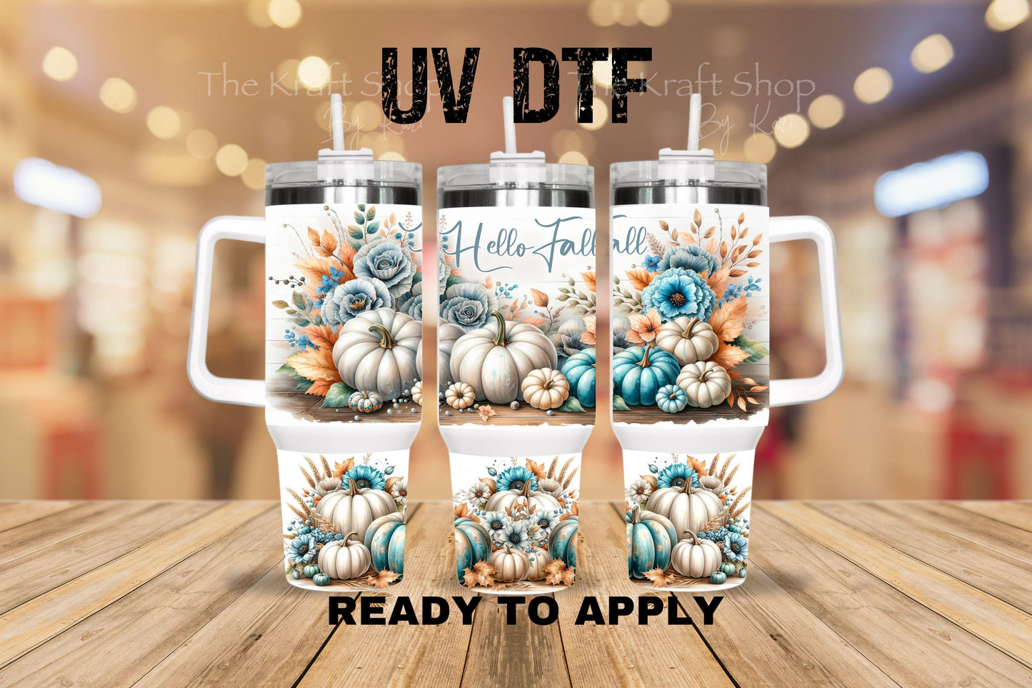 UV DTF 40 oz ready to apply Hello Fall pumpkin and teal Flowers wrap UV wrap quencher #3179