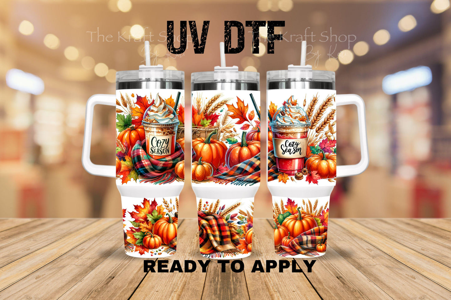 UV DTF 40 oz ready to apply Cozy Season Fall pumpkins leaves and lattes wrap UV wrap quencher #3189