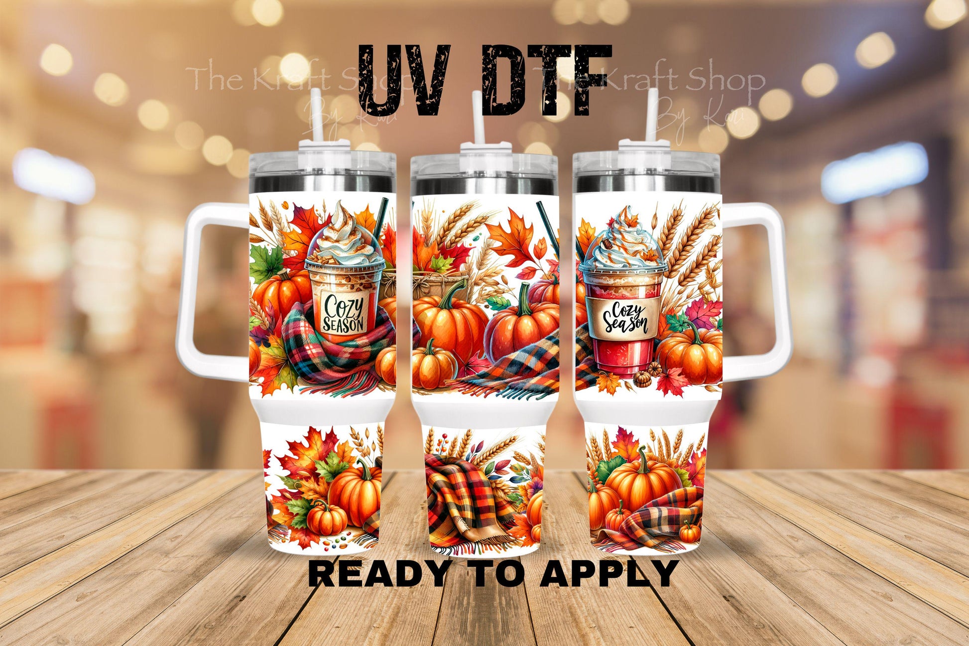 UV DTF 40 oz ready to apply Cozy Season Fall pumpkins leaves and lattes wrap UV wrap quencher #3189