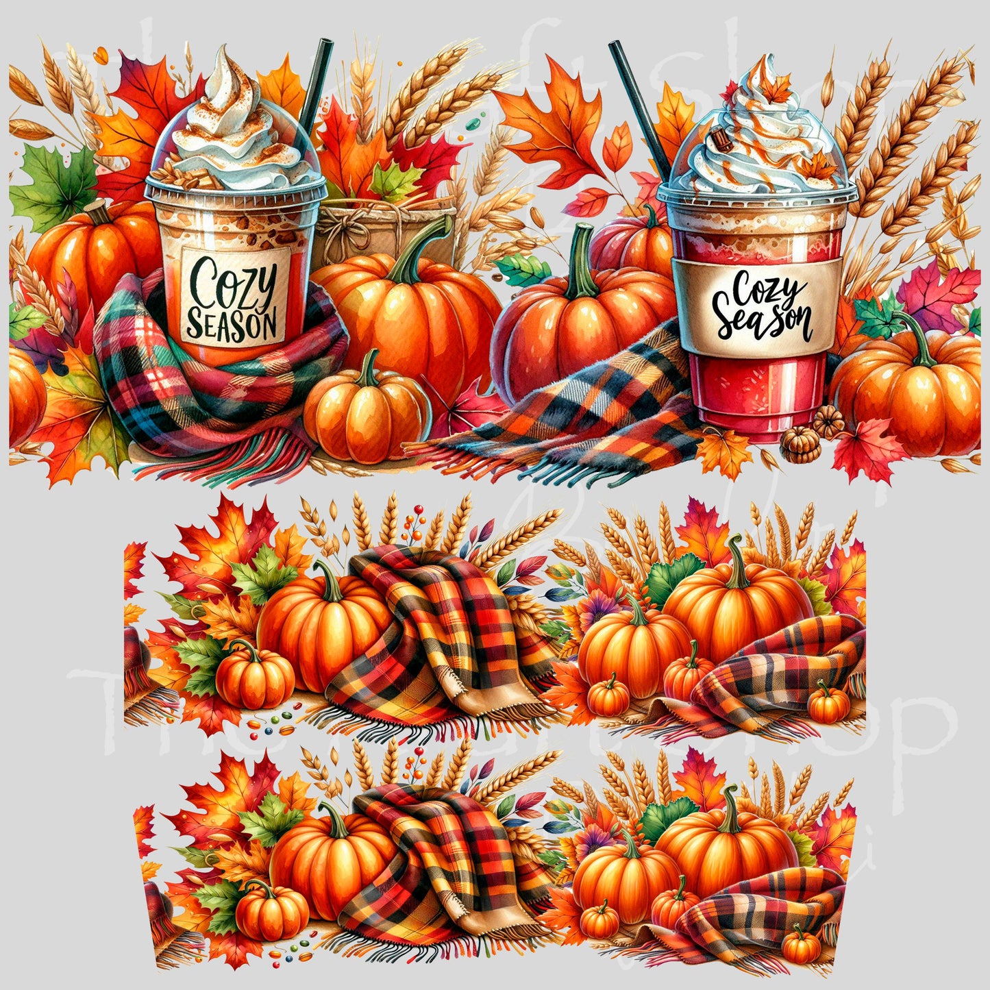 UV DTF 40 oz ready to apply Cozy Season Fall pumpkins leaves and lattes wrap UV wrap quencher #3189