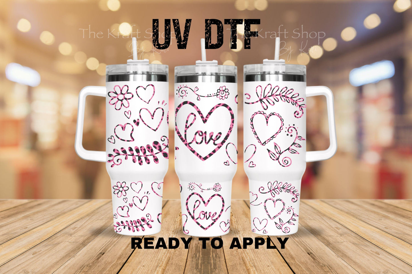 UV DTF 40 oz ready to apply Heart doodle with pink cheetah pattern wrap UV wrap quencher #3196