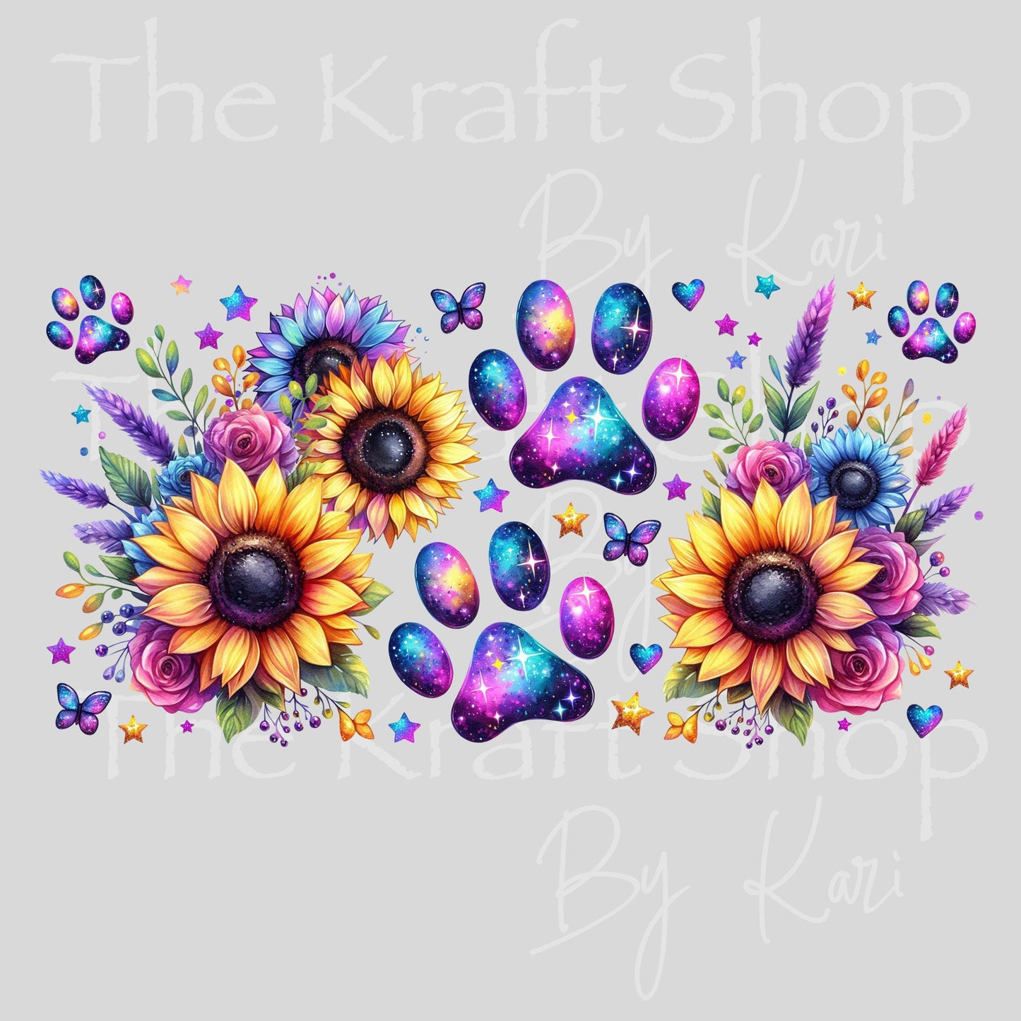 UV DTF Sticker print. Paw sunflower and butterflies wrap or element decals tumbler decal. Glass can wrap. #5431
