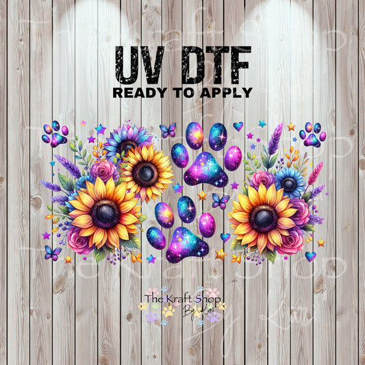 UV DTF Sticker print. Paw sunflower and butterflies wrap or element decals tumbler decal. Glass can wrap. #5431