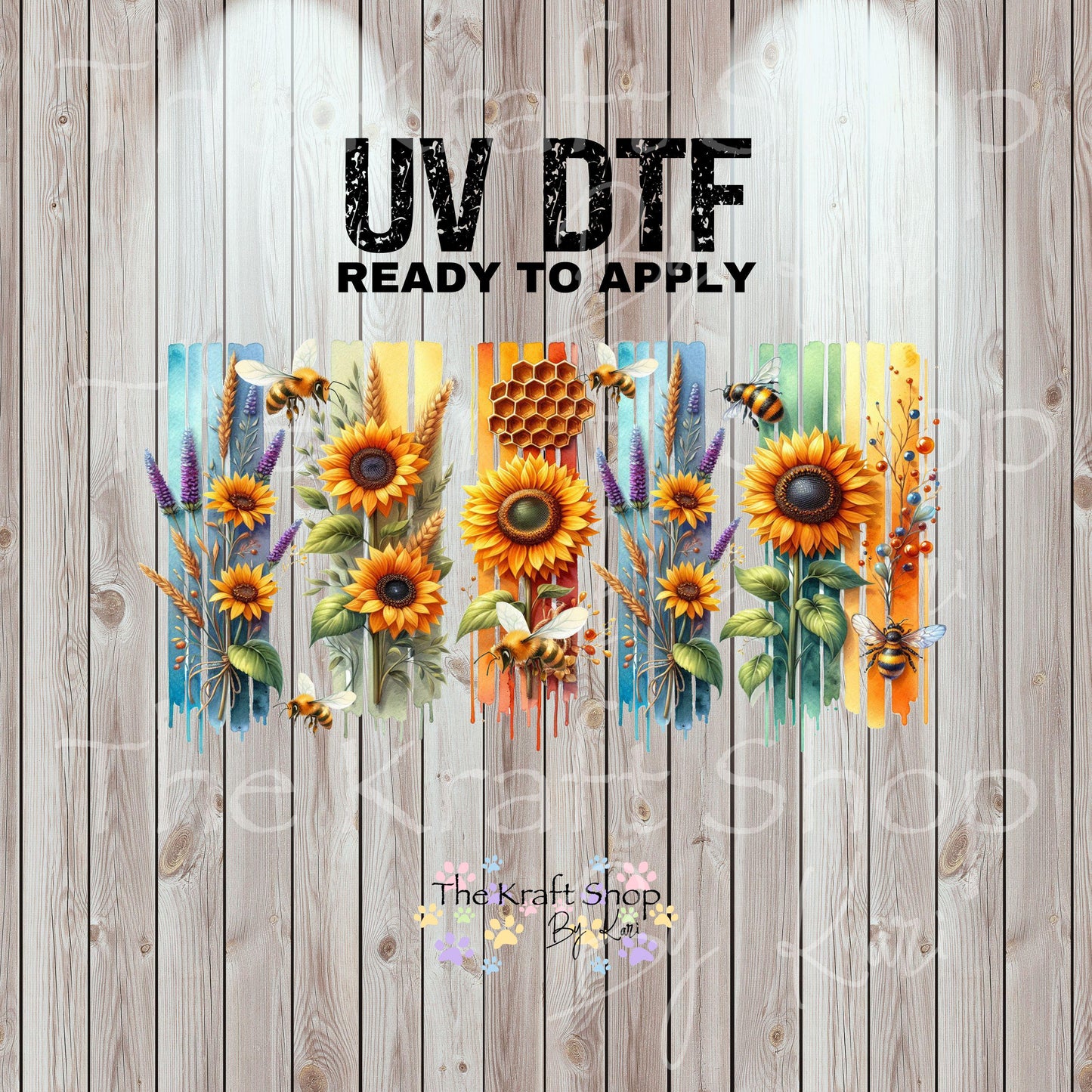 UV DTF Sticker print. Bee Sunflowers brush stroke or element decals tumbler decal. Glass can wrap. #5438