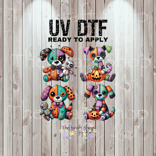 UV DTF Sticker prints. Patchwork Voodoo Dog Dolls 4 pk, permanent sticker.#7443