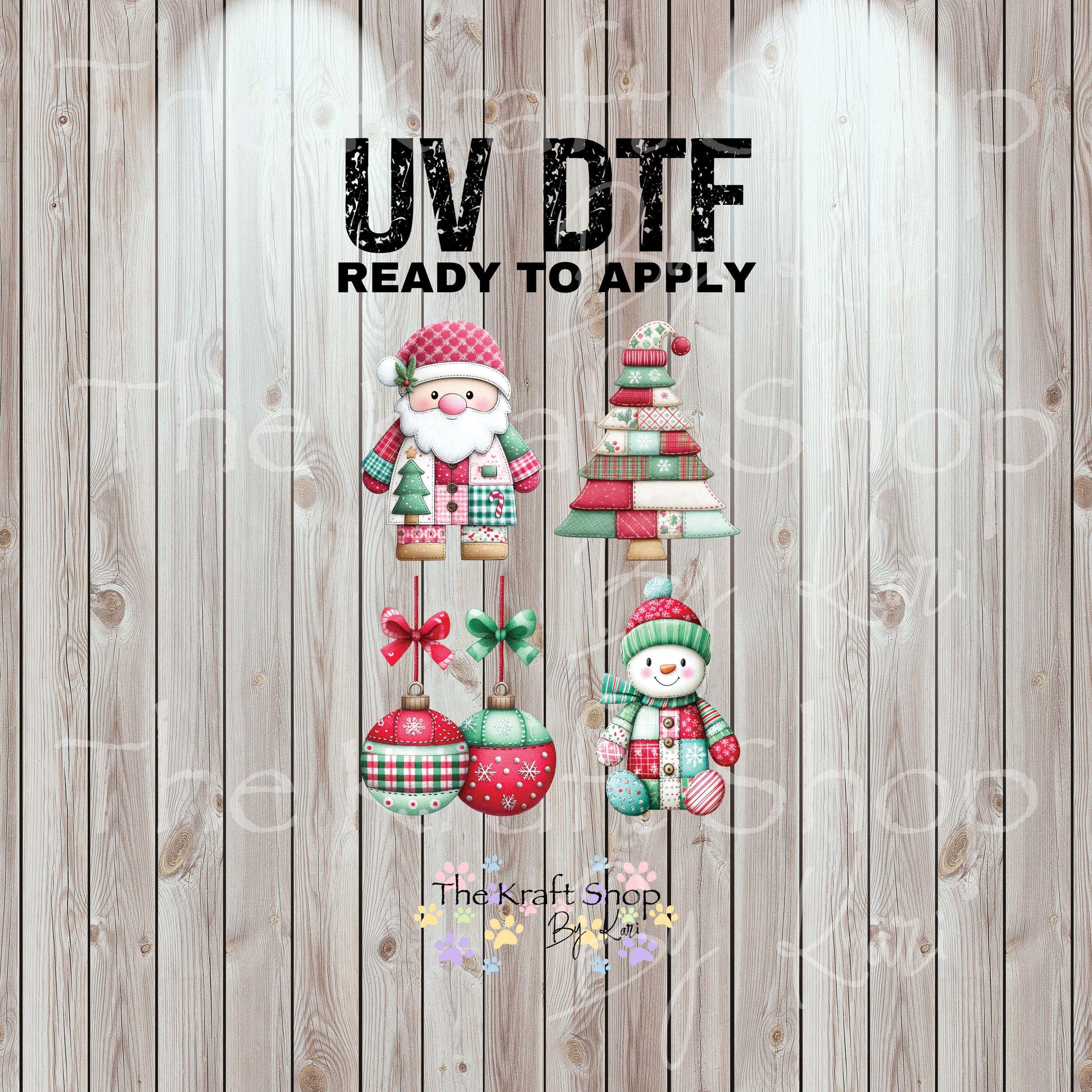 UV DTF Sticker prints. Christmas Patchwork Santa and Snowman 4 pk, permanent sticker.#7444