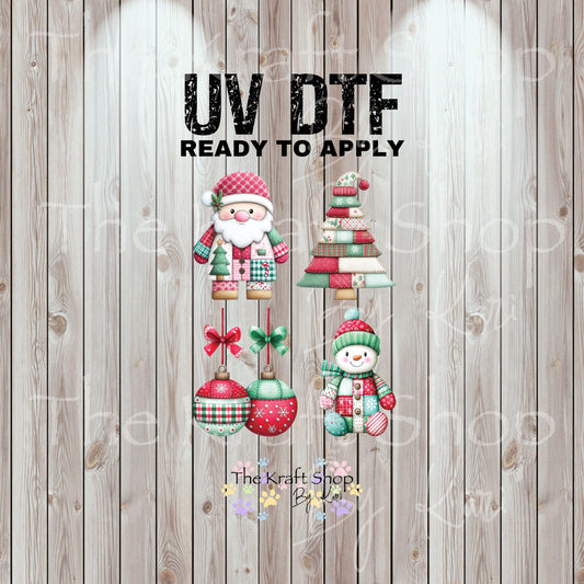 UV DTF Sticker prints. Christmas Patchwork Santa and Snowman 4 pk, permanent sticker.#7444