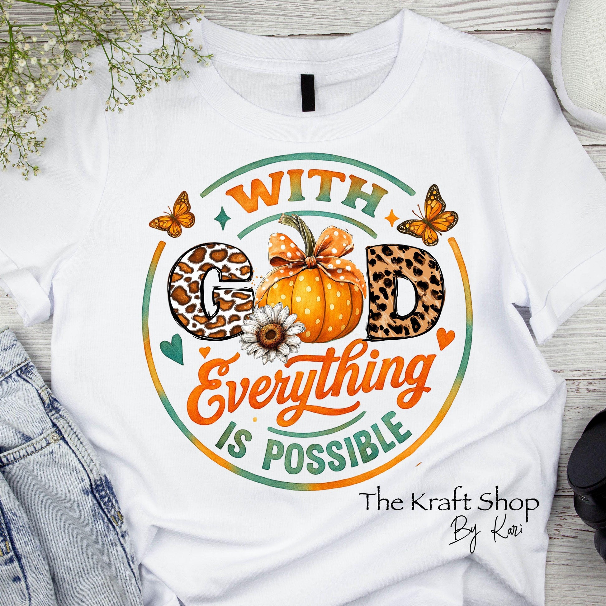 DTF ready to press transfer With God everything is possible with pumpkin and pattern letters shirt transfer, DTF Print#11544