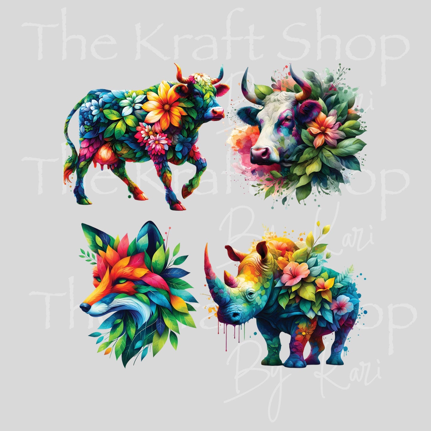 UV DTF Sticker prints. Abstract Animals Floral cow rhino fox bundle of 4 decals, permanent sticker.#10333
