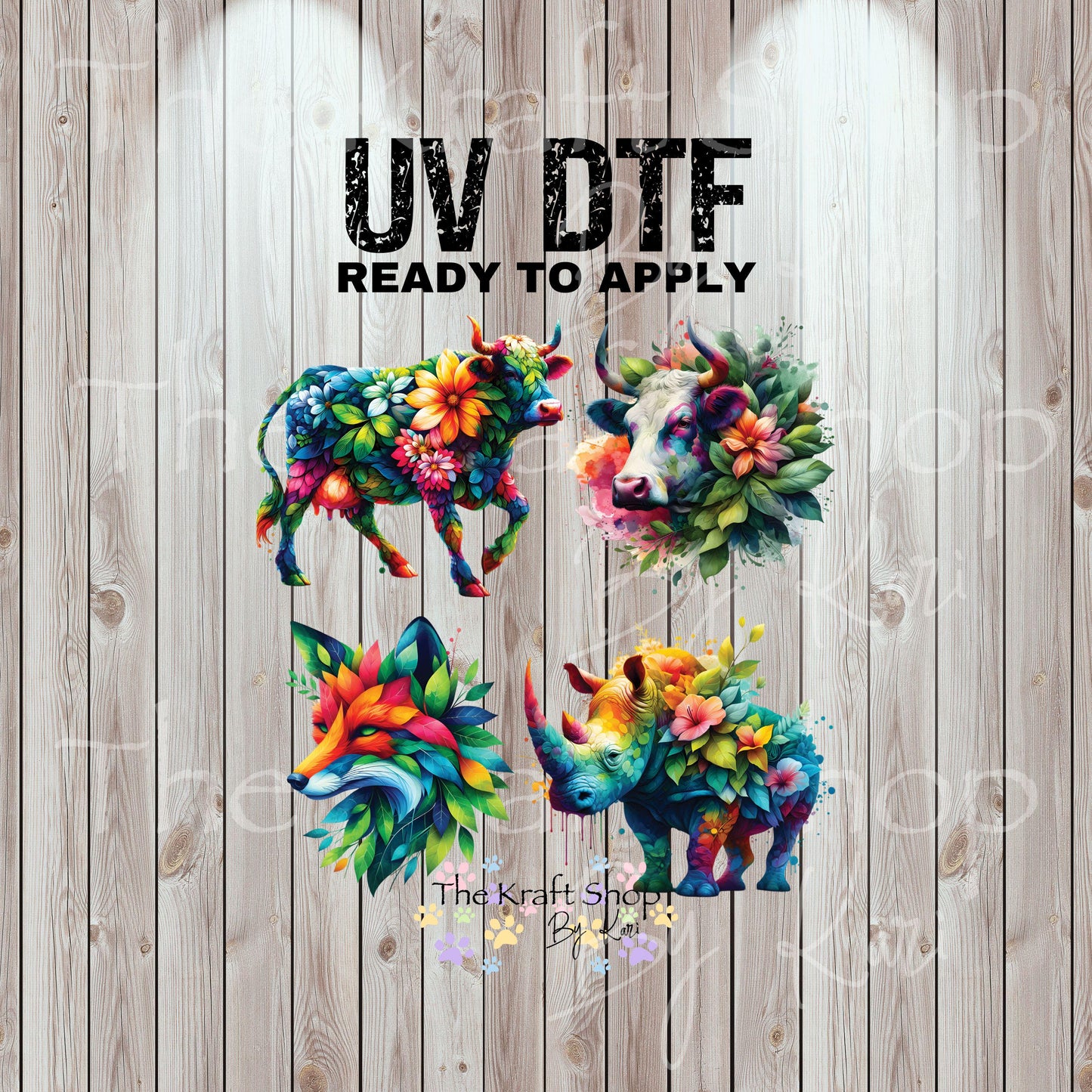 UV DTF Sticker prints. Abstract Animals Floral cow rhino fox bundle of 4 decals, permanent sticker.#10333