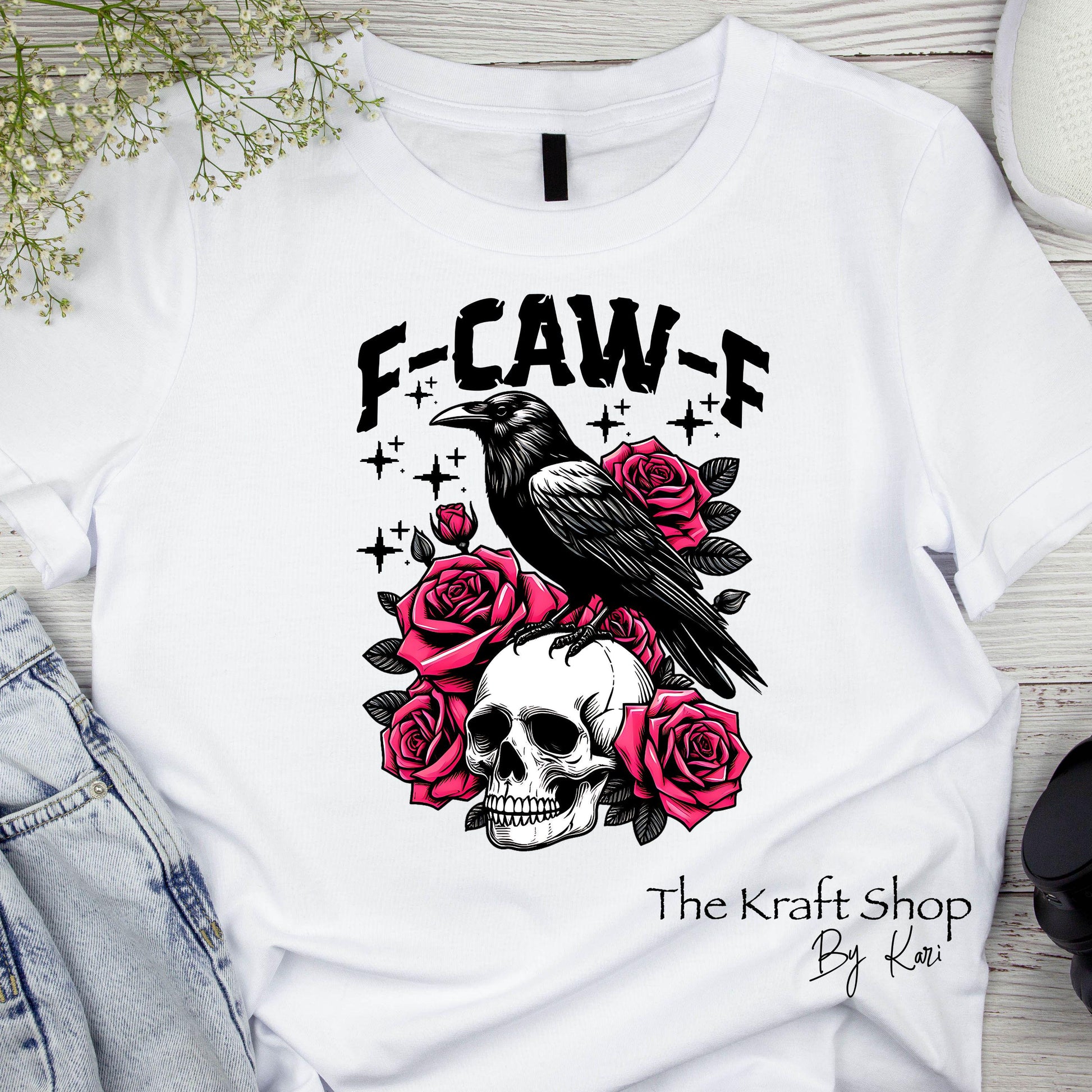 DTF ready to press transfer F-caw-F Skull and Crow with roses shirt transfer, DTF Print#11546