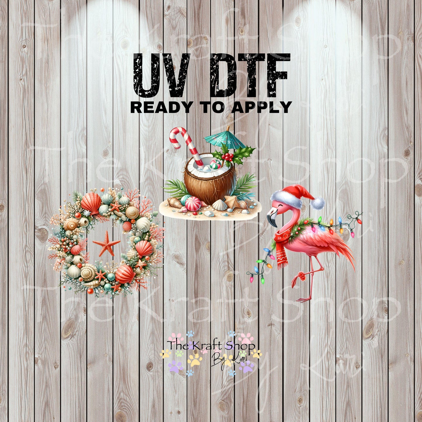 UV DTF Sticker prints. Beach Christmas Flamingo, wreath or coconut, permanent sticker.#7446