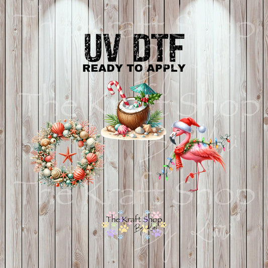 UV DTF Sticker prints. Beach Christmas Flamingo, wreath or coconut, permanent sticker.#7446