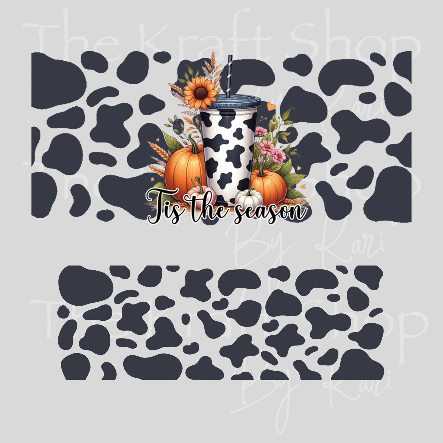 UV DTF 40 oz ready to apply Tis the Season pumpkins and cow spot. Permanent sticker. UV wrap quencher #3172