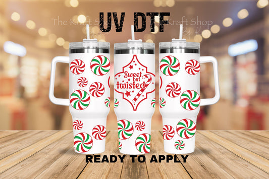 UV DTF 40 oz ready to apply Sweet but twisted Christmas wrap with mint candy. Permanent sticker. UV wrap quencher #3174
