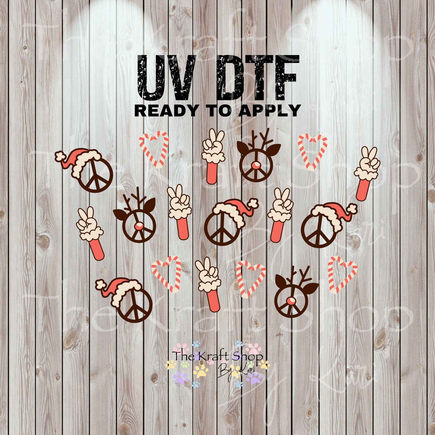 UV DTF Sticker print. Peace Christmas retro 24 oz tapered wrap or element sheet of decals for acrylic tumblers #5451