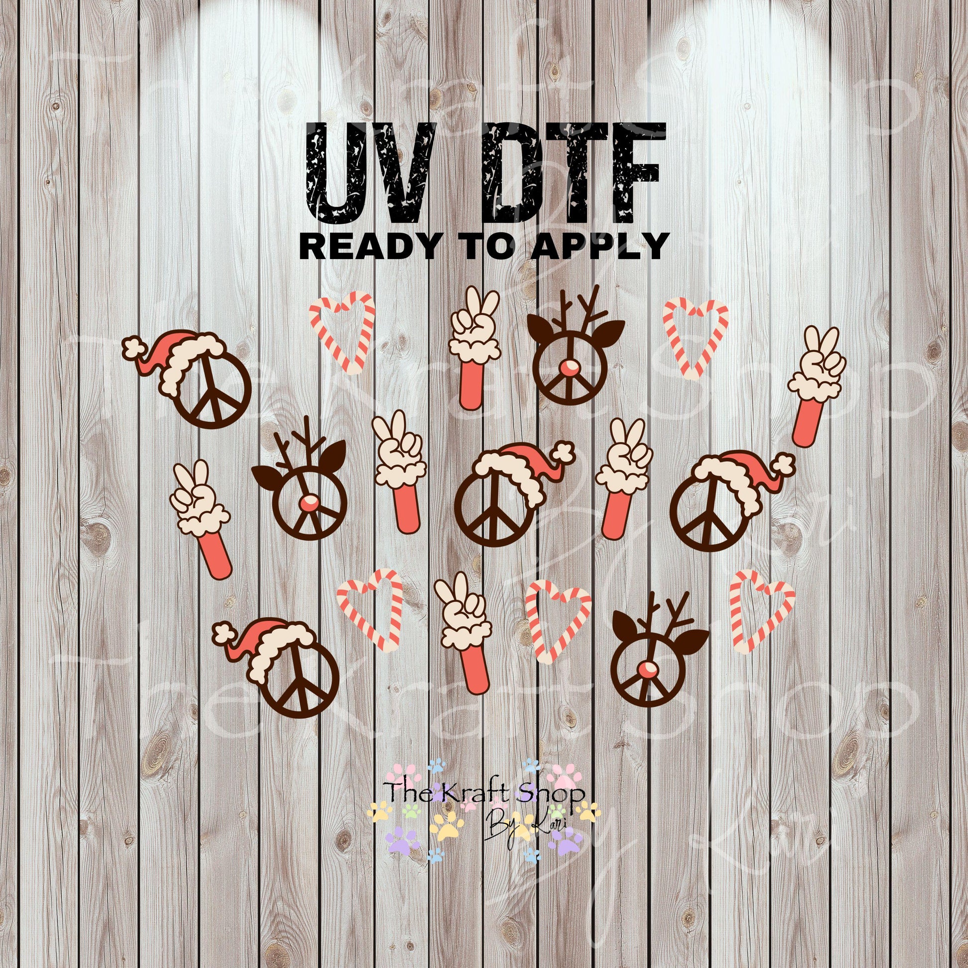 UV DTF Sticker print. Peace Christmas retro 24 oz tapered wrap or element sheet of decals for acrylic tumblers #5451