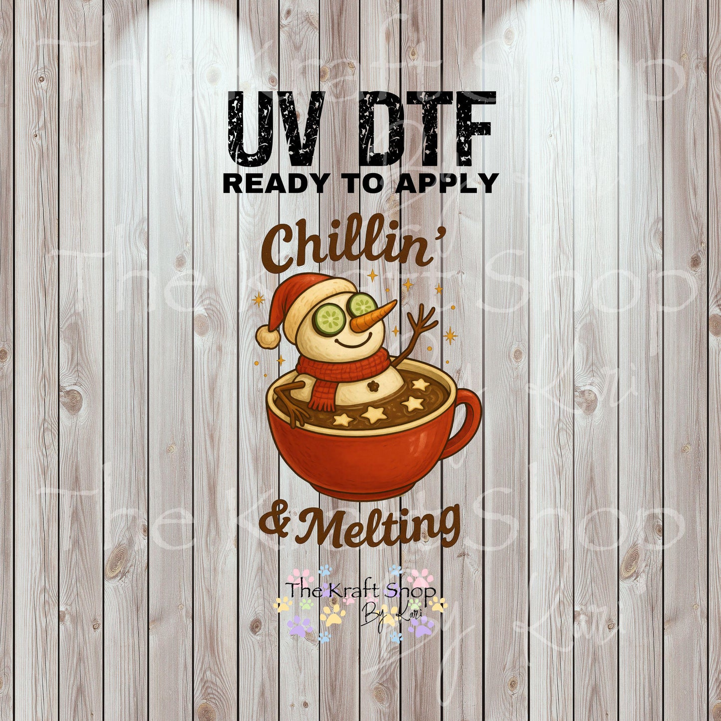 UV DTF Sticker print. Chillin' and melting snowman hot cocoa Christmas decal, tumbler decal, permanent sticker. #7455