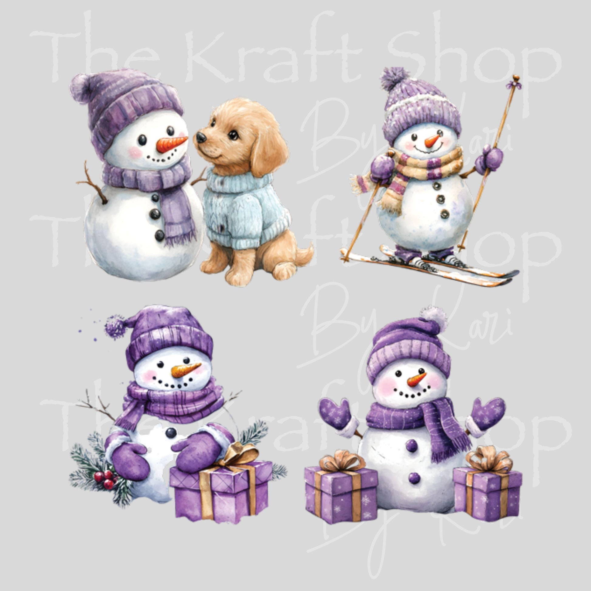 UV DTF Sticker prints. Purple Snowman Christmas decals 4 pk, permanent sticker.#7456