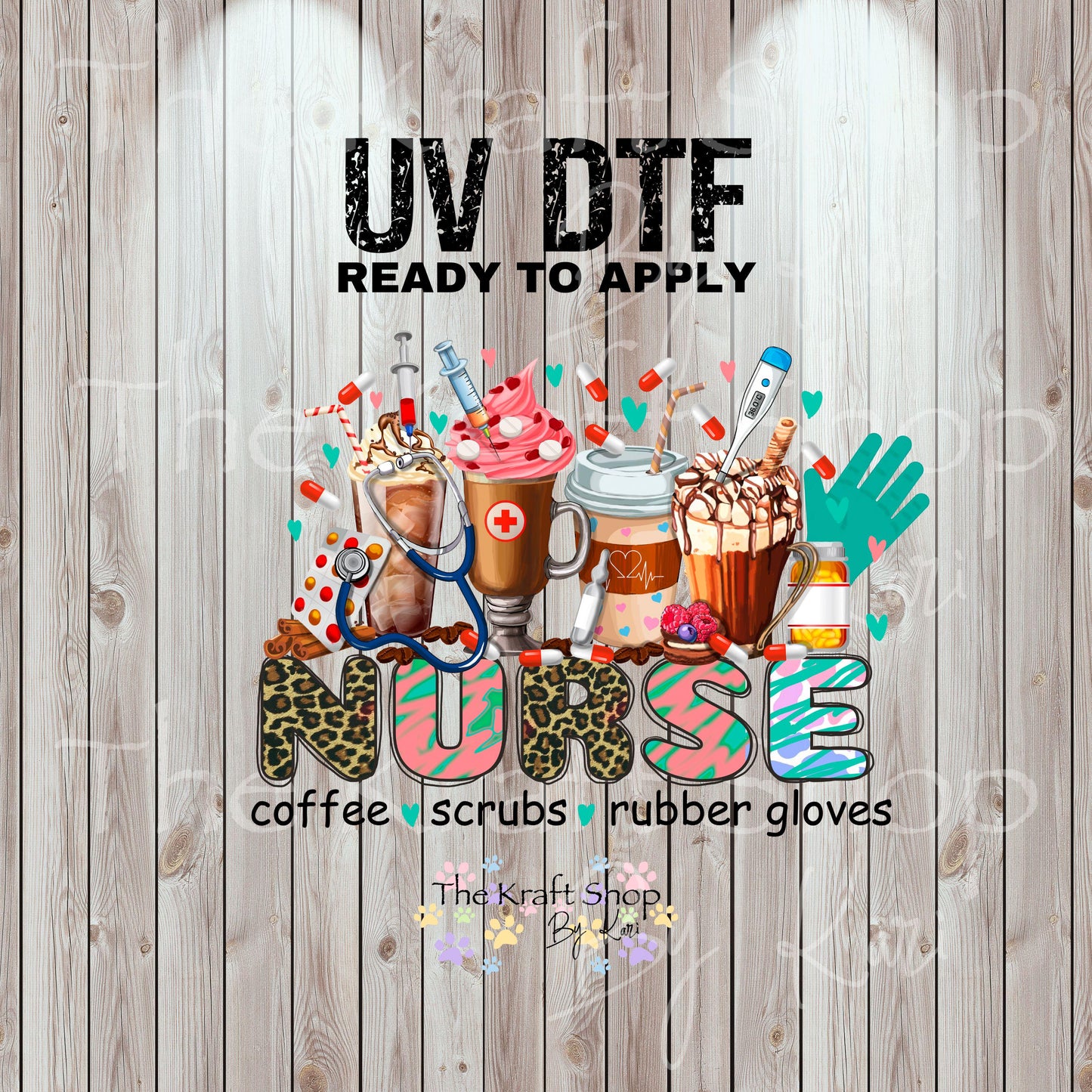 UV DTF Sticker print. Nurse coffee scrubs rubber gloves decal, tumbler decal, permanent sticker. #4574