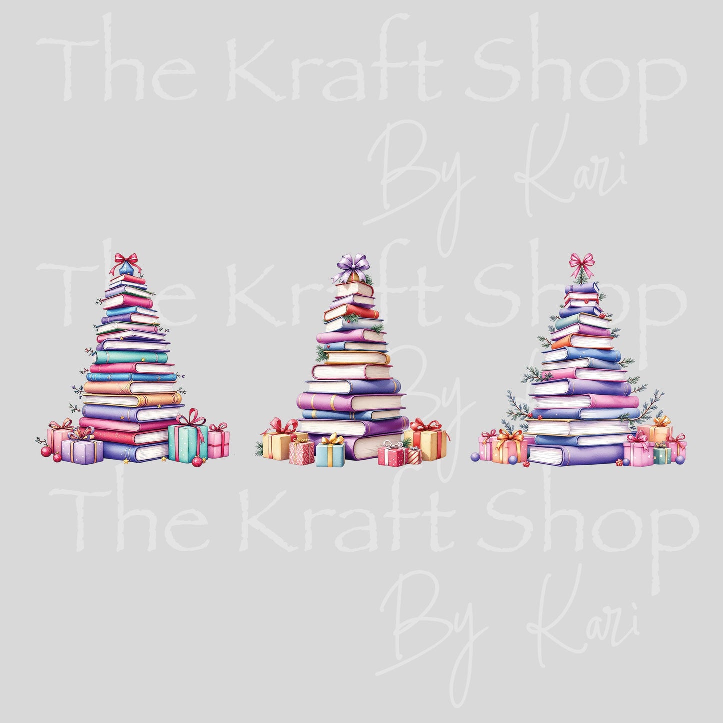 UV DTF Sticker prints. Book trees with bows Christmas decals 3 pk, permanent sticker.#7458