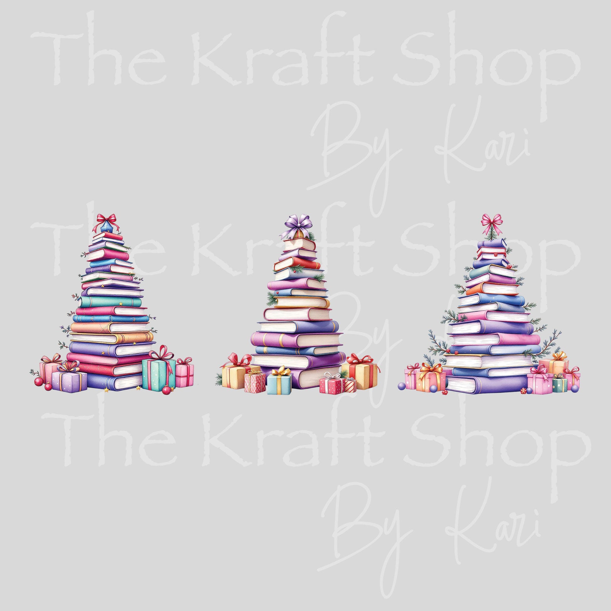 UV DTF Sticker prints. Book trees with bows Christmas decals 3 pk, permanent sticker.#7458