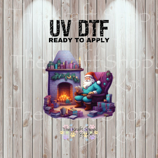 UV DTF Sticker print. Santa by the fireplace purple Christmas decal, tumbler decal, permanent sticker. #7463