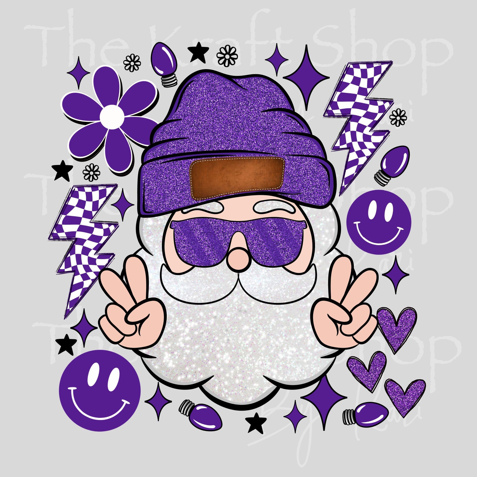 UV DTF Sticker print. Purple Groovy Santa peace smiley face checkered lightening bolt Christmas decal, tumbler decal #7465