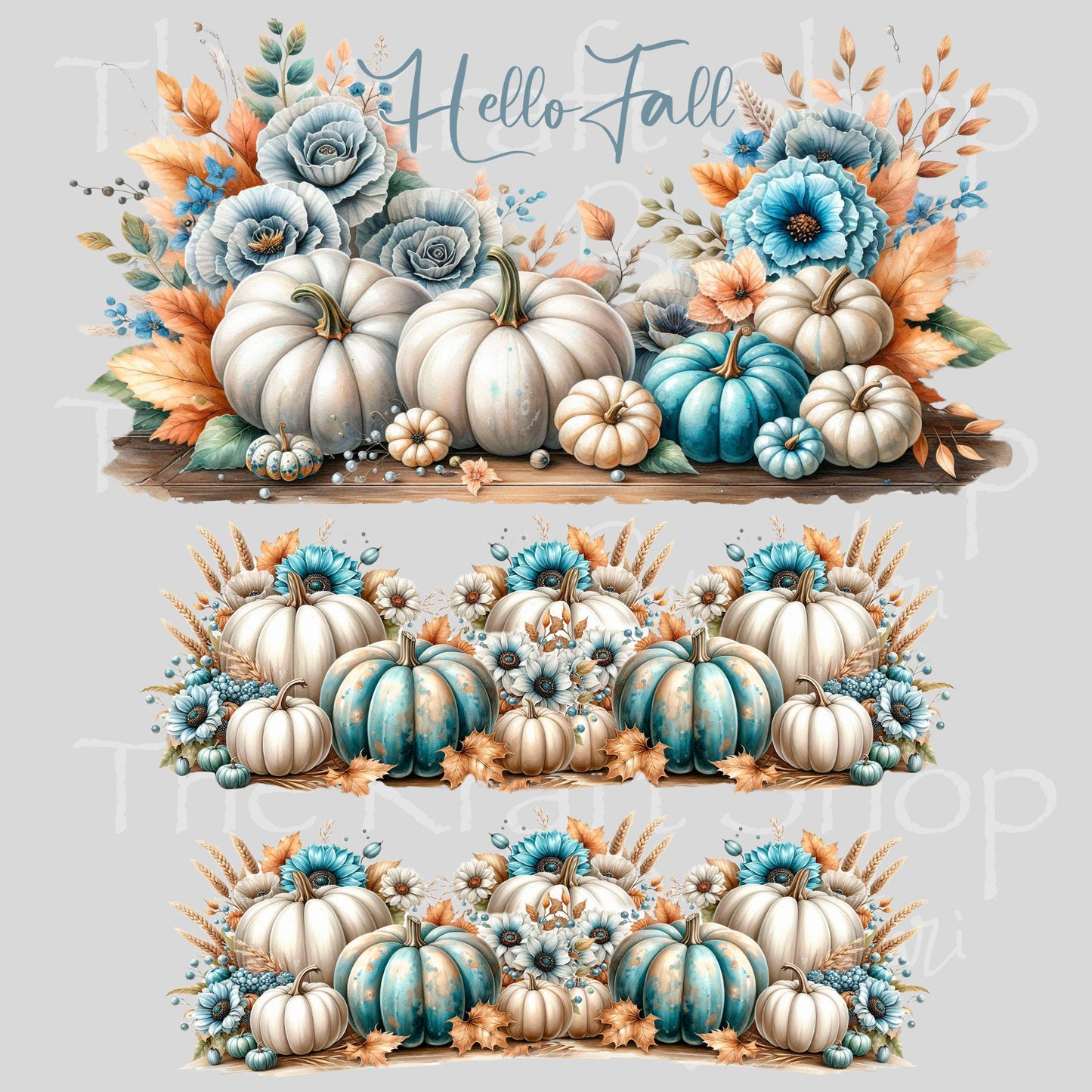 UV DTF 40 oz ready to apply Hello Fall pumpkin and teal Flowers wrap UV wrap quencher #3179