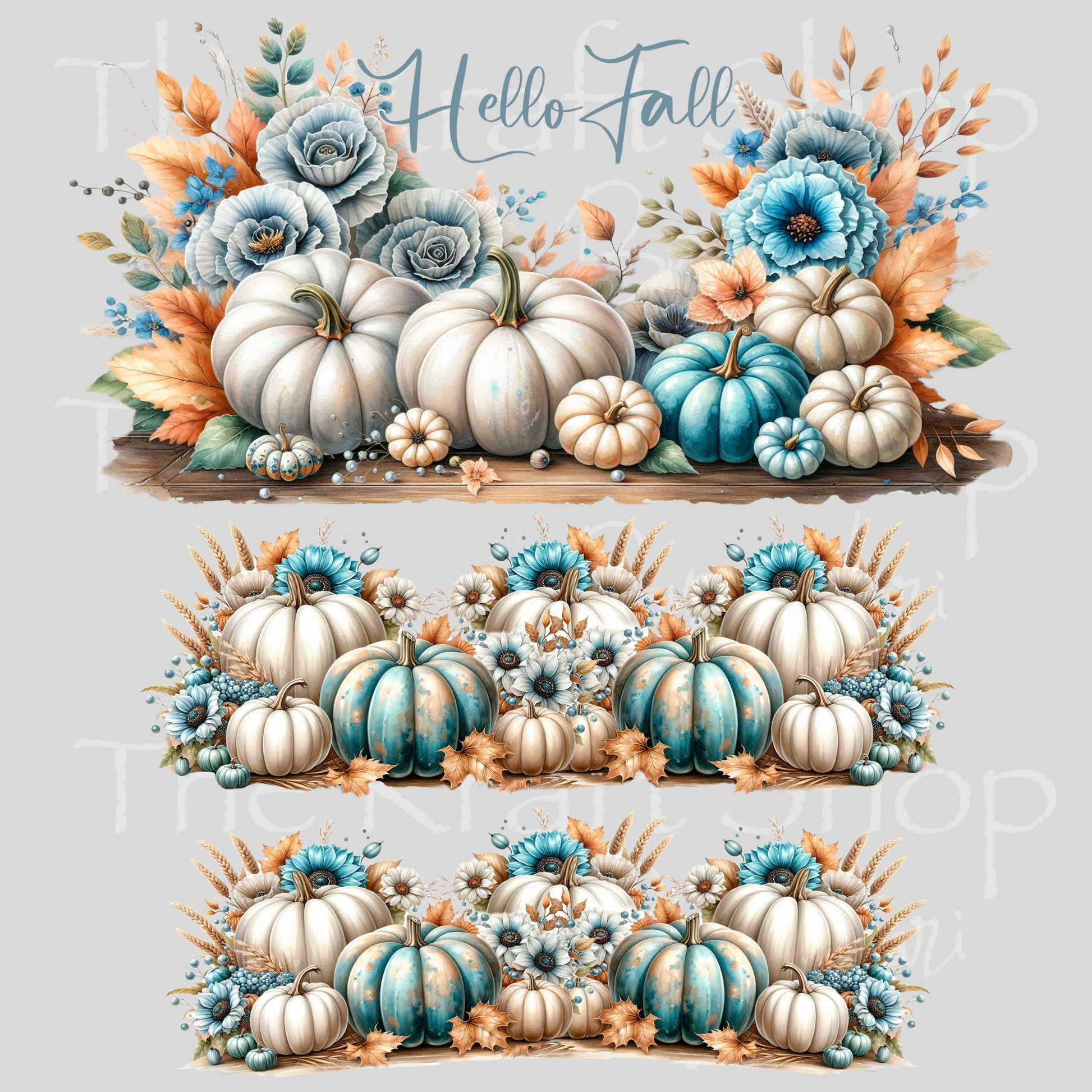 UV DTF 40 oz ready to apply Hello Fall pumpkin and teal Flowers wrap UV wrap quencher #3179