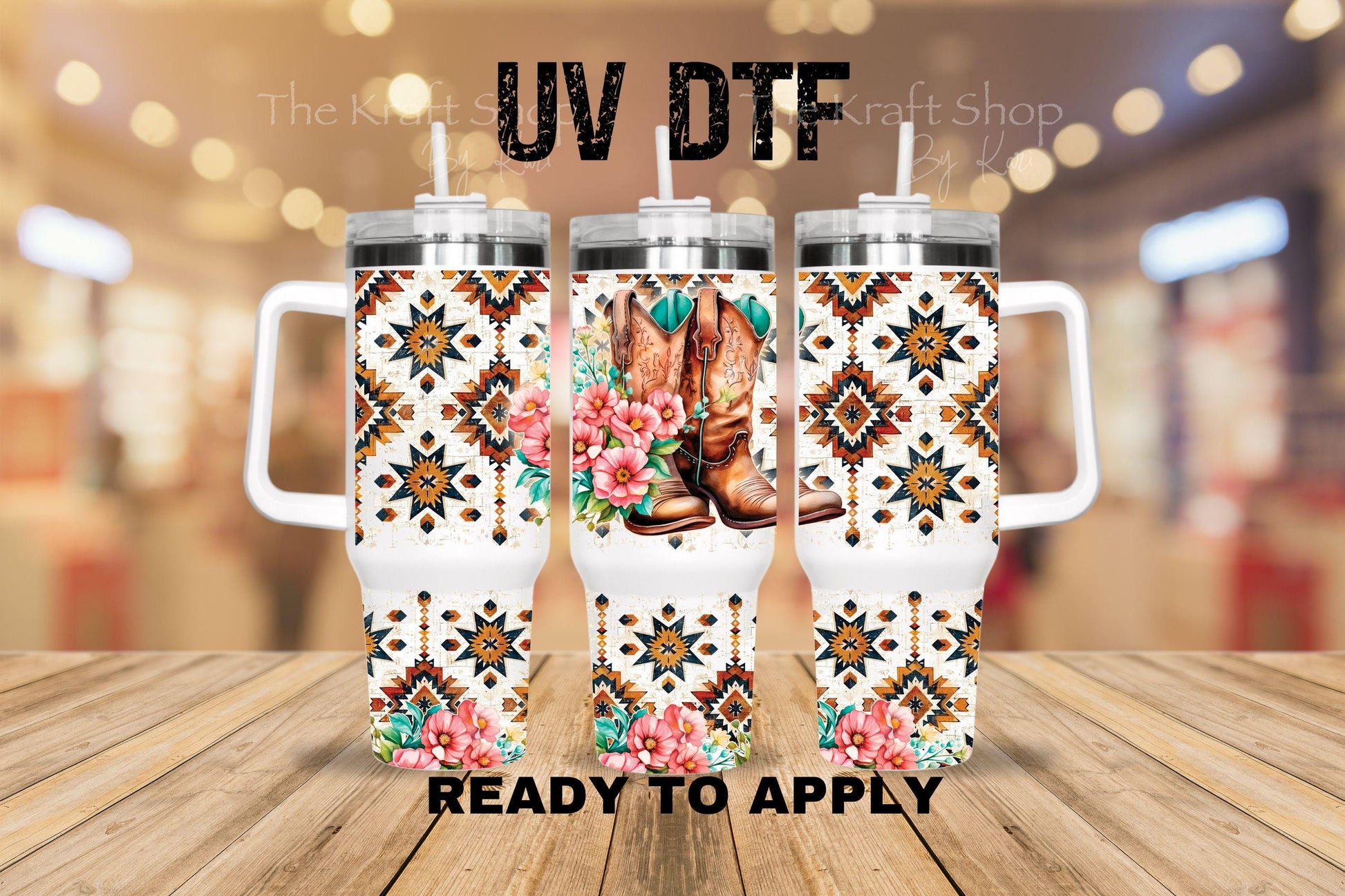 UV DTF 40 oz ready to apply Cowgirl boots Aztek with pink flowers wrap UV wrap quencher #3183