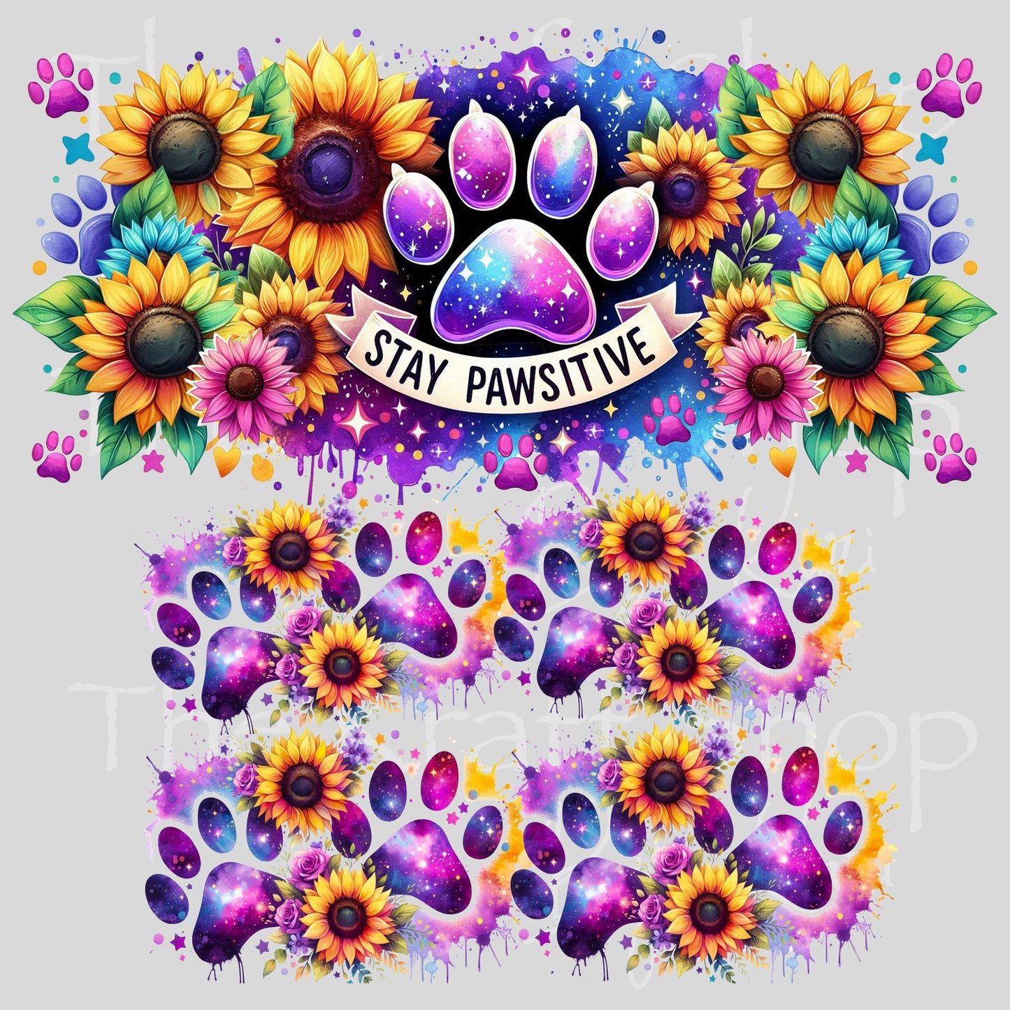 UV DTF 40 oz ready to apply Stay Pawsitive sunflower and purple paw prints wrap UV wrap quencher #3187