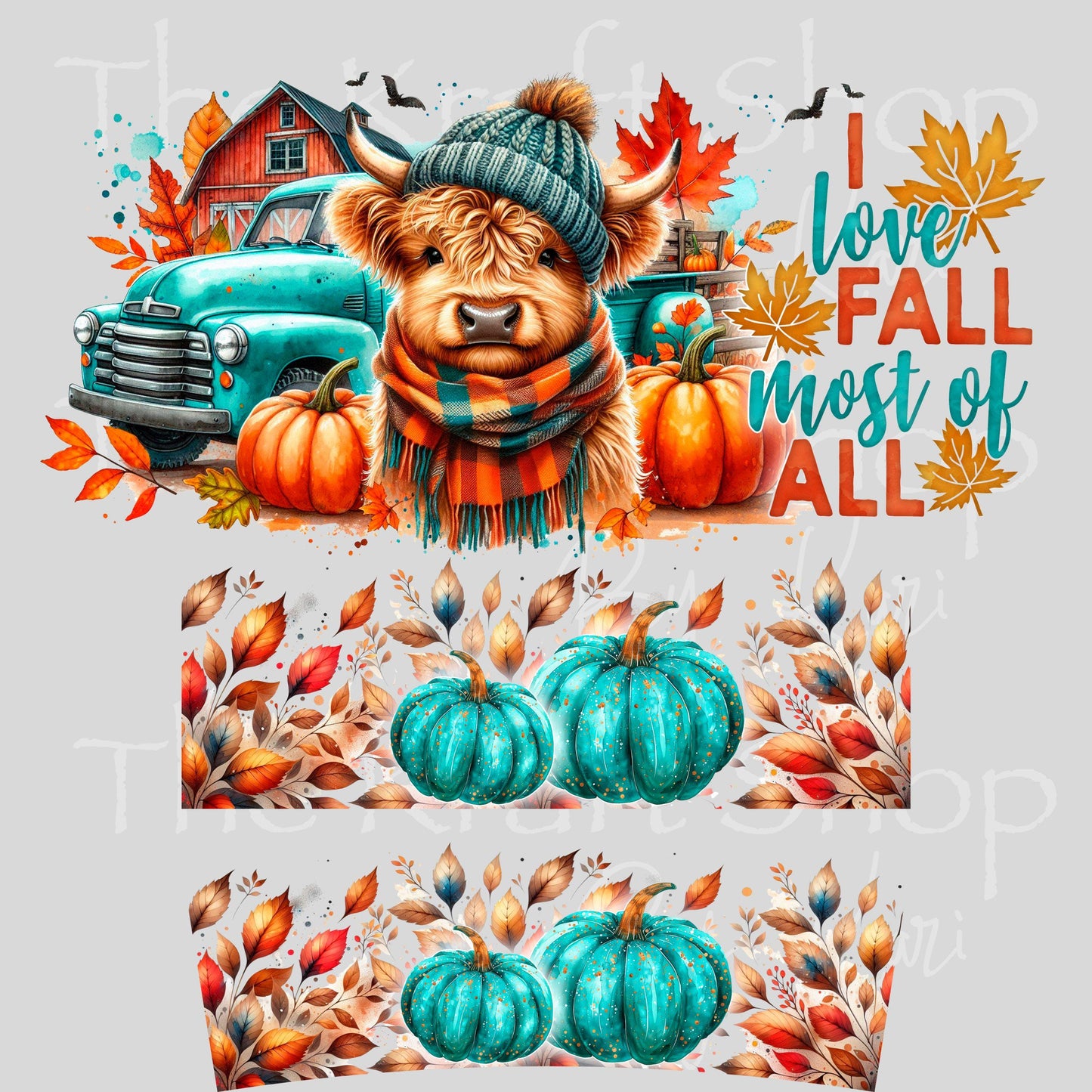 UV DTF 40 oz ready to apply I love Fall most of all teal truck pumpkins and beanie heifer wrap UV wrap quencher #3191