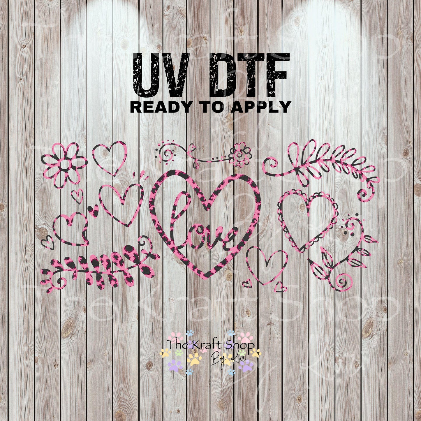 UV DTF Sticker print. Hearts doodle pink cheetah wrap or element decals tumbler decal. Glass can wrap. #5423