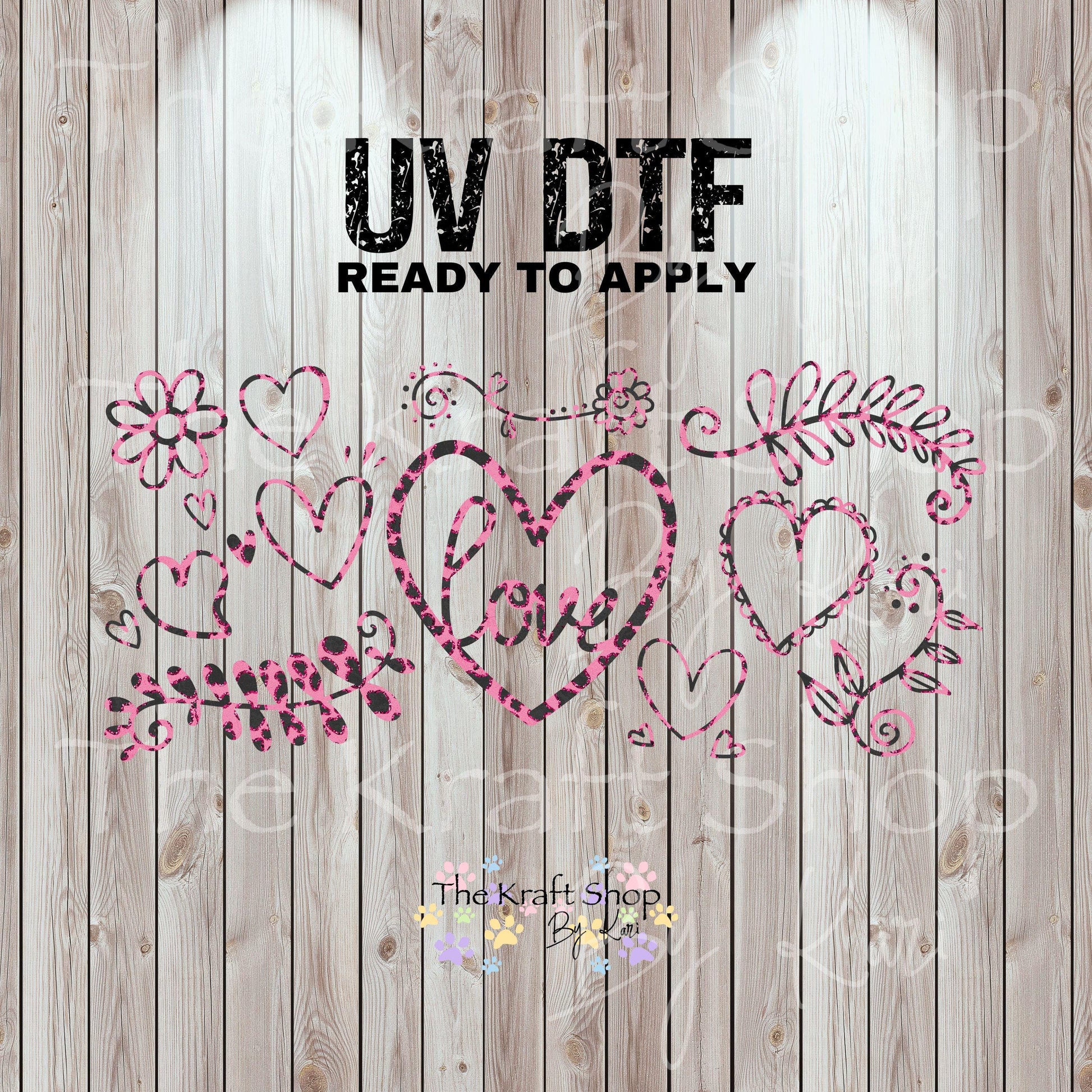 UV DTF Sticker print. Hearts doodle pink cheetah wrap or element decals tumbler decal. Glass can wrap. #5423