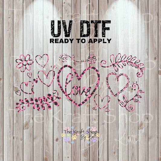 UV DTF Sticker print. Hearts doodle pink cheetah wrap or element decals tumbler decal. Glass can wrap. #5423