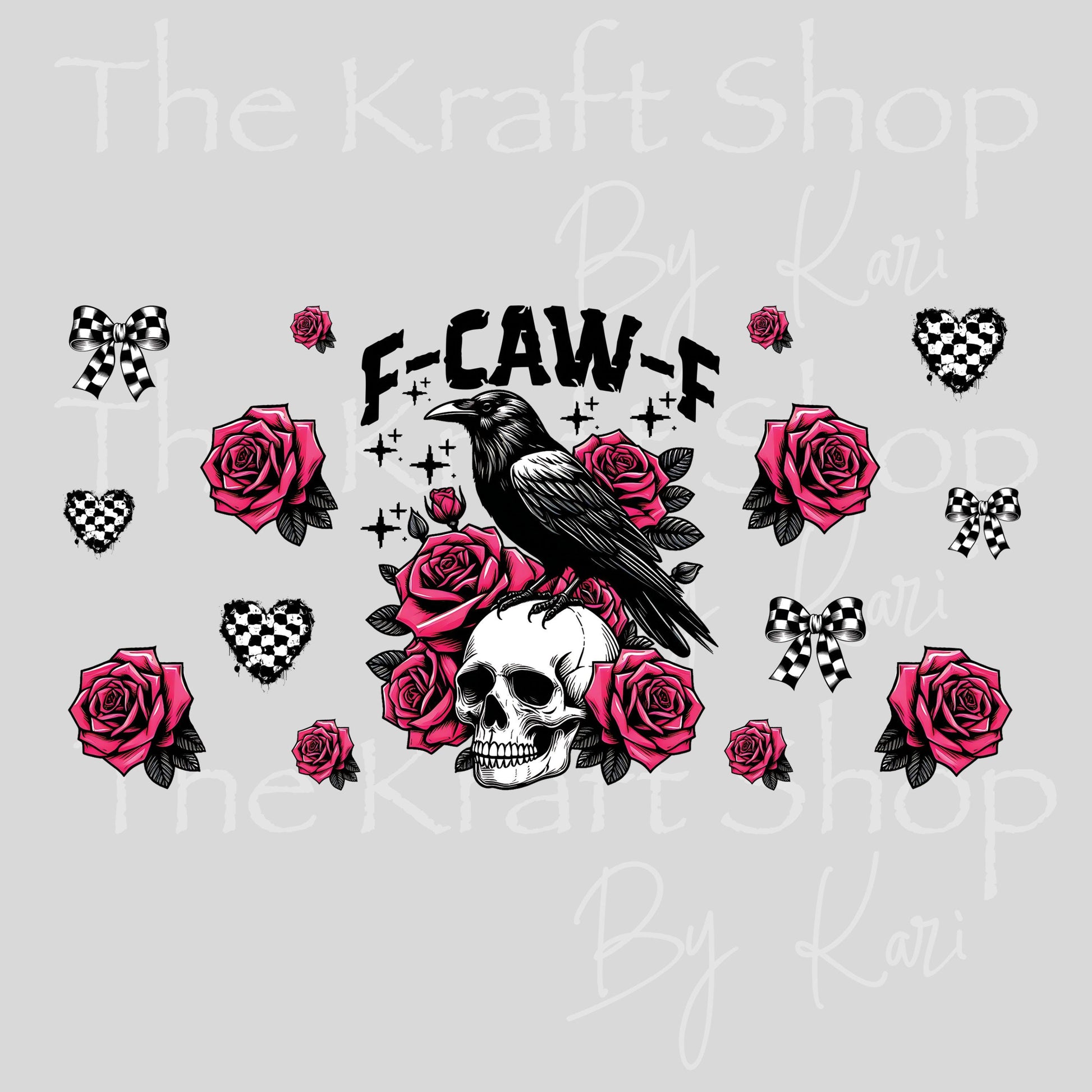 UV DTF Sticker print. F-caw-F skull roses checkered bows and hearts wrap or element decals tumbler decal. Glass can wrap. #5425