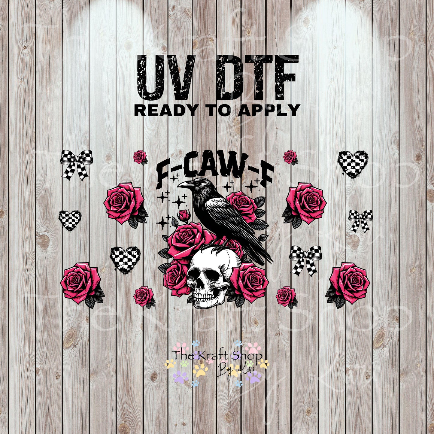 UV DTF Sticker print. F-caw-F skull roses checkered bows and hearts wrap or element decals tumbler decal. Glass can wrap. #5425