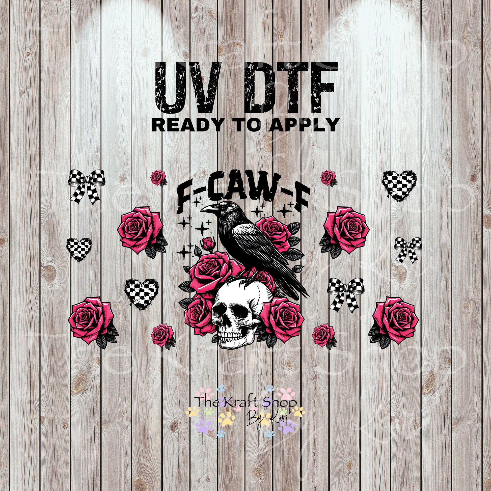 UV DTF Sticker print. F-caw-F skull roses checkered bows and hearts wrap or element decals tumbler decal. Glass can wrap. #5425