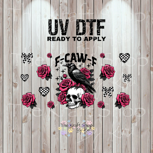 UV DTF Sticker print. F-caw-F skull roses checkered bows and hearts wrap or element decals tumbler decal. Glass can wrap. #5425