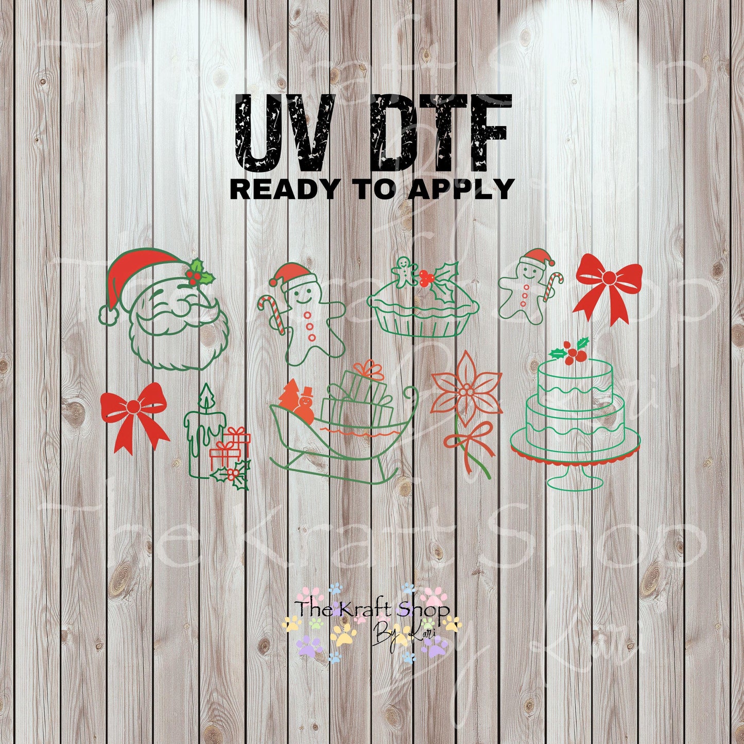 UV DTF Sticker print. Outline Santa and elements wrap or element decals tumbler decal. Glass can wrap. #5426