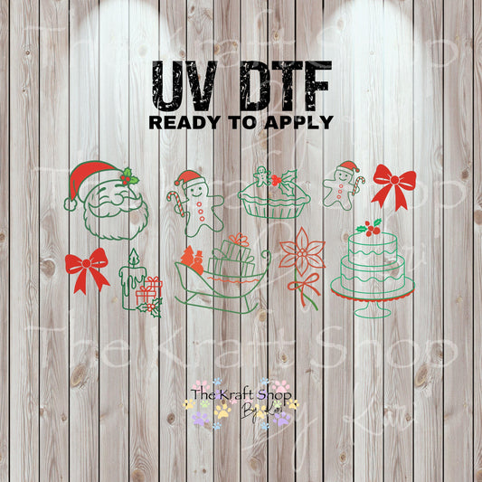 UV DTF Sticker print. Outline Santa and elements wrap or element decals tumbler decal. Glass can wrap. #5426